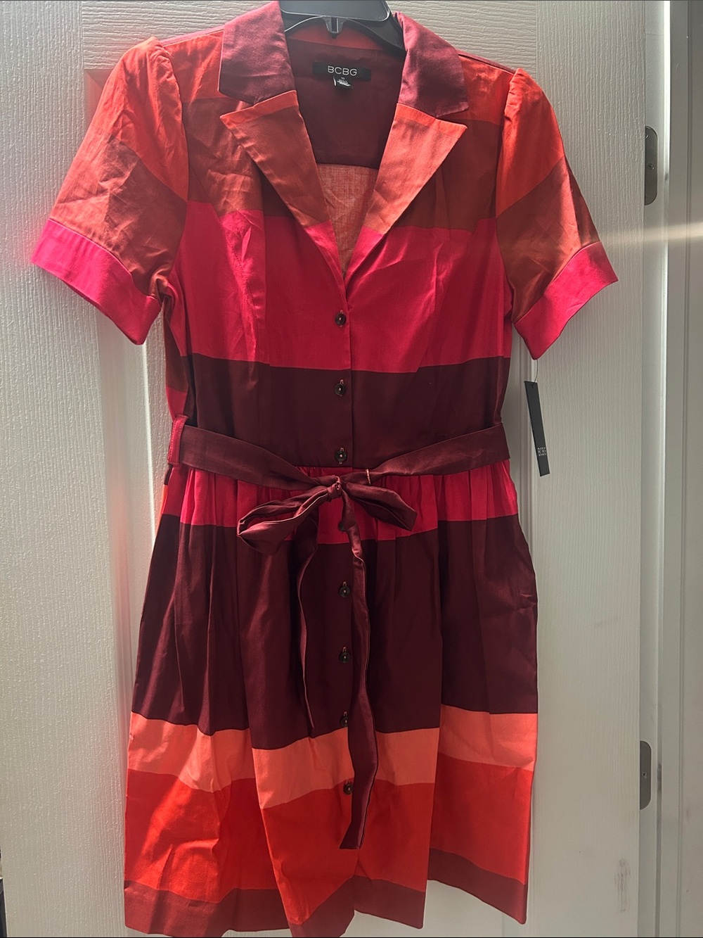 BCBG Striped Belted Shirt Dress in Red, Pink and Burgundy